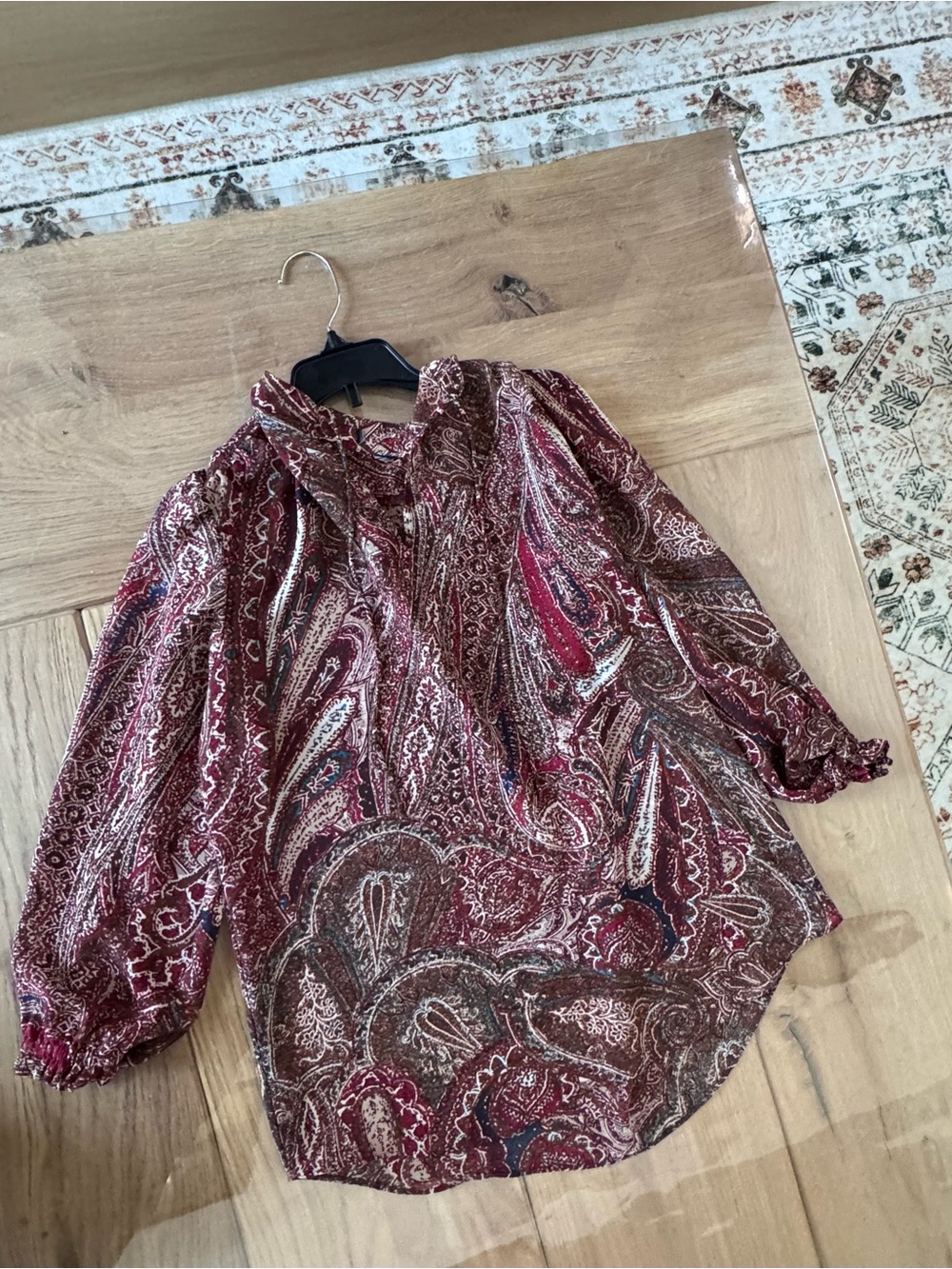 Chaps Paisley Sheer Boho Blouse | Size S | Maroon Balloon Sleeve